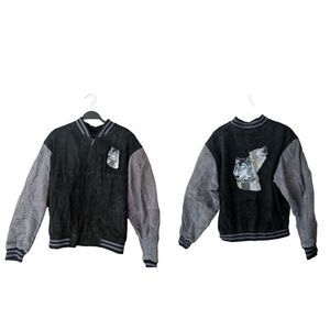 Vintage 90s Wolf Embroidered Suede Varsity Streetwear Bomber Jacket Size Large